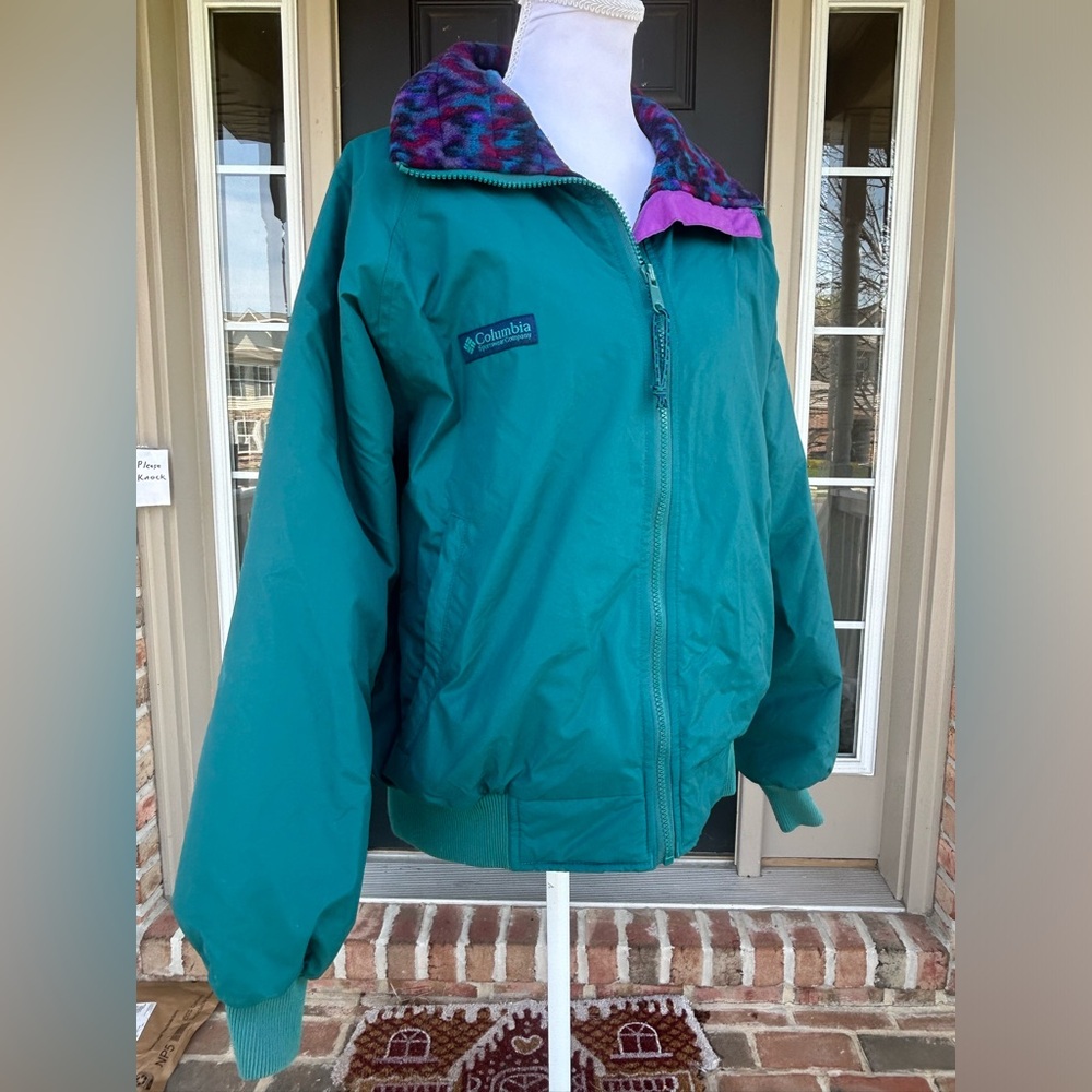 Vintage 90s Columbia Teal Jacket Purple Print Fleece Lining Trim throwback M